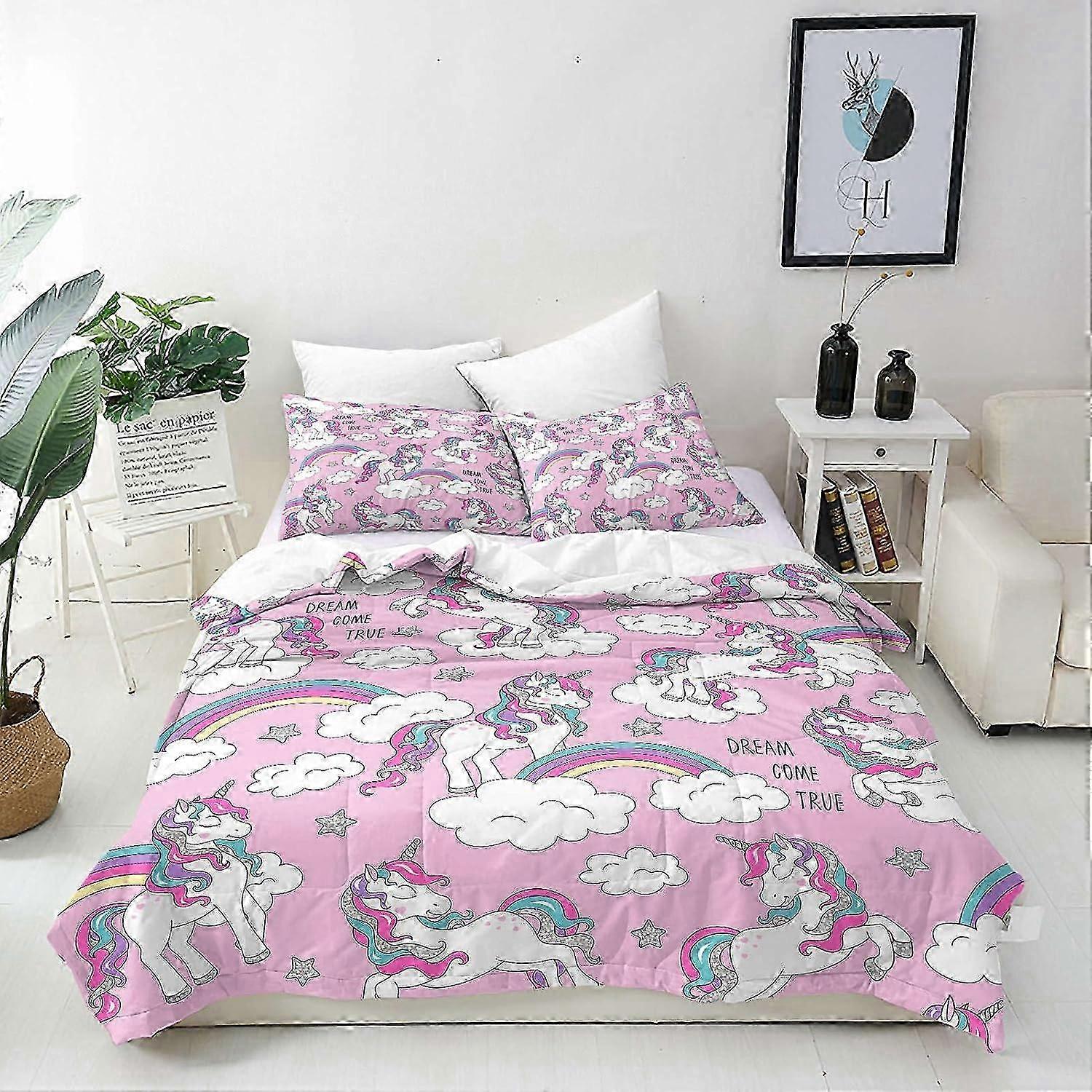 J2465 Draps de lit Licorne Housse de couette Ensemble de housse de couette douce Arc-en-ciel Licorne Nuage Imprimé Motif 3 pièces Ensemble de literie avec 2 taies d’oreiller All Seaso