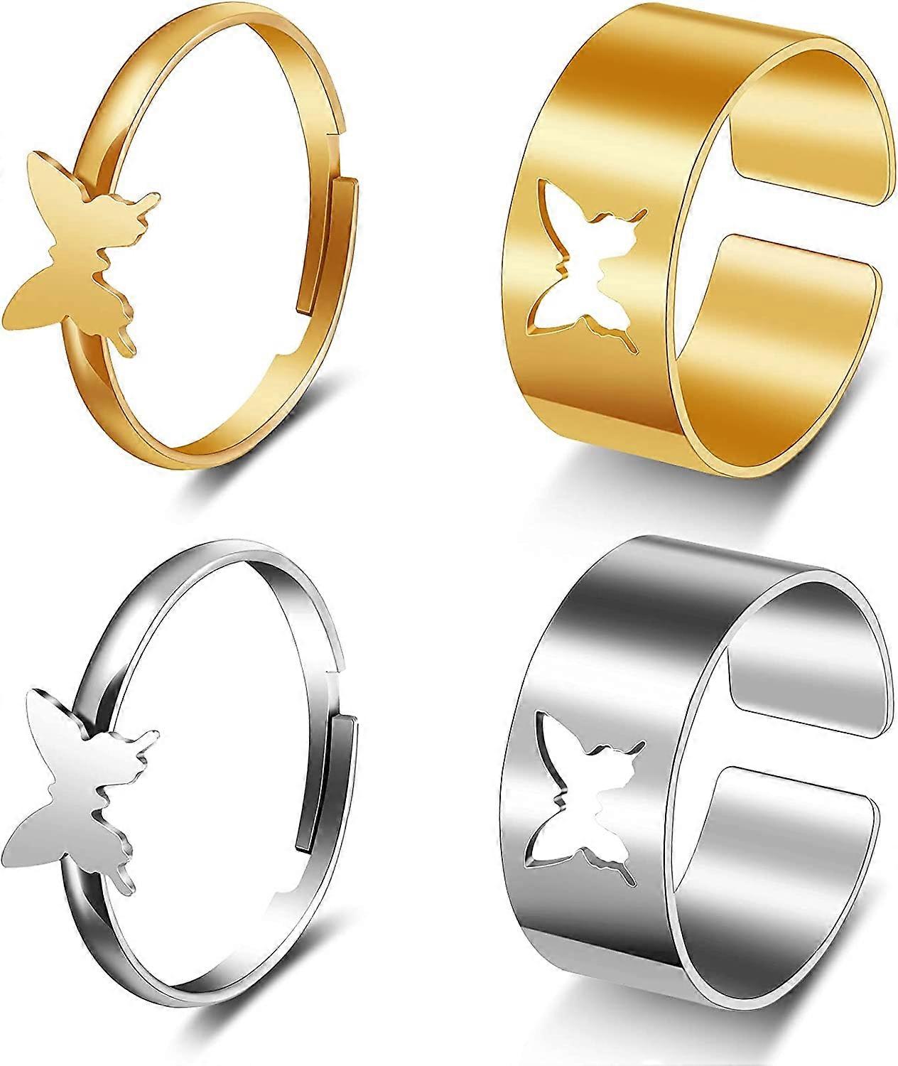4 pièces Assorti Papillon Couple Bagues Papillon Déclaration Ouverte Bagues Hollow Out Papillon Couple Bague Réglable Promise Finger Bagues Mariage Engag