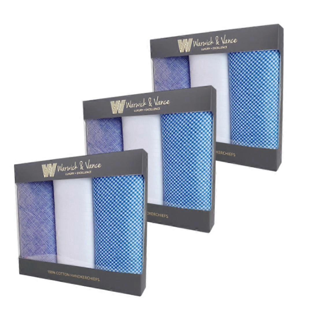 3 Pack Blue & White Check Men's 100% Cotton Handkerchiefs