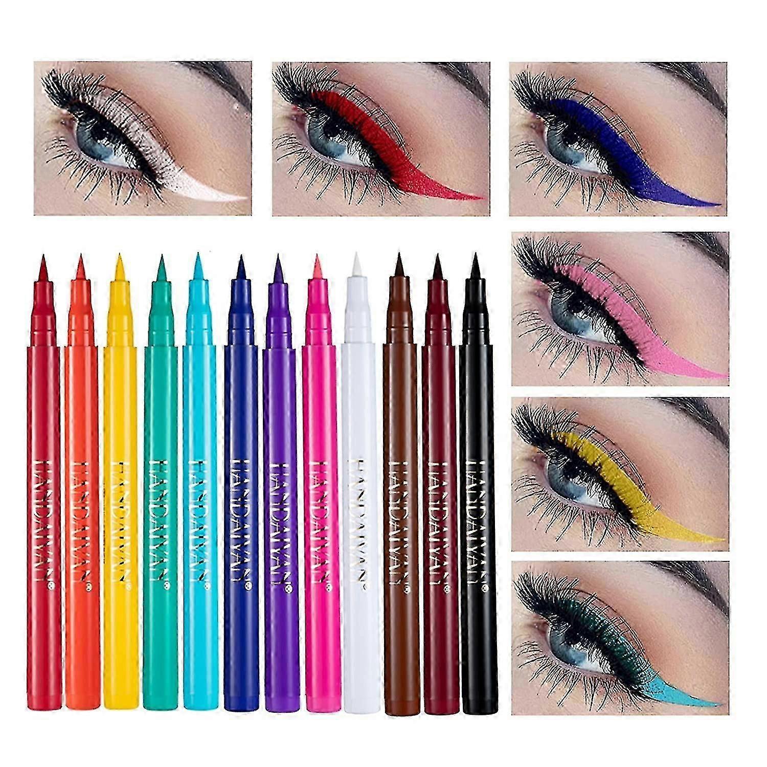 12pcs Matte Rainbow Colorful Liquid Eyeliner Set, 12 Colors Soft And Hyper Sharp Tip Brush Eyeliner, Waterproof High Pigmented Eyeliner Pen Set