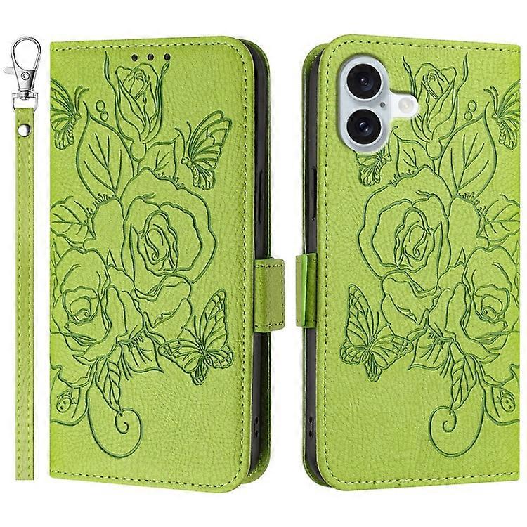 Compatible For iPhone 16 Plus Case Rose Imprinted RFID Blocking Leather Phone Cover with Strap