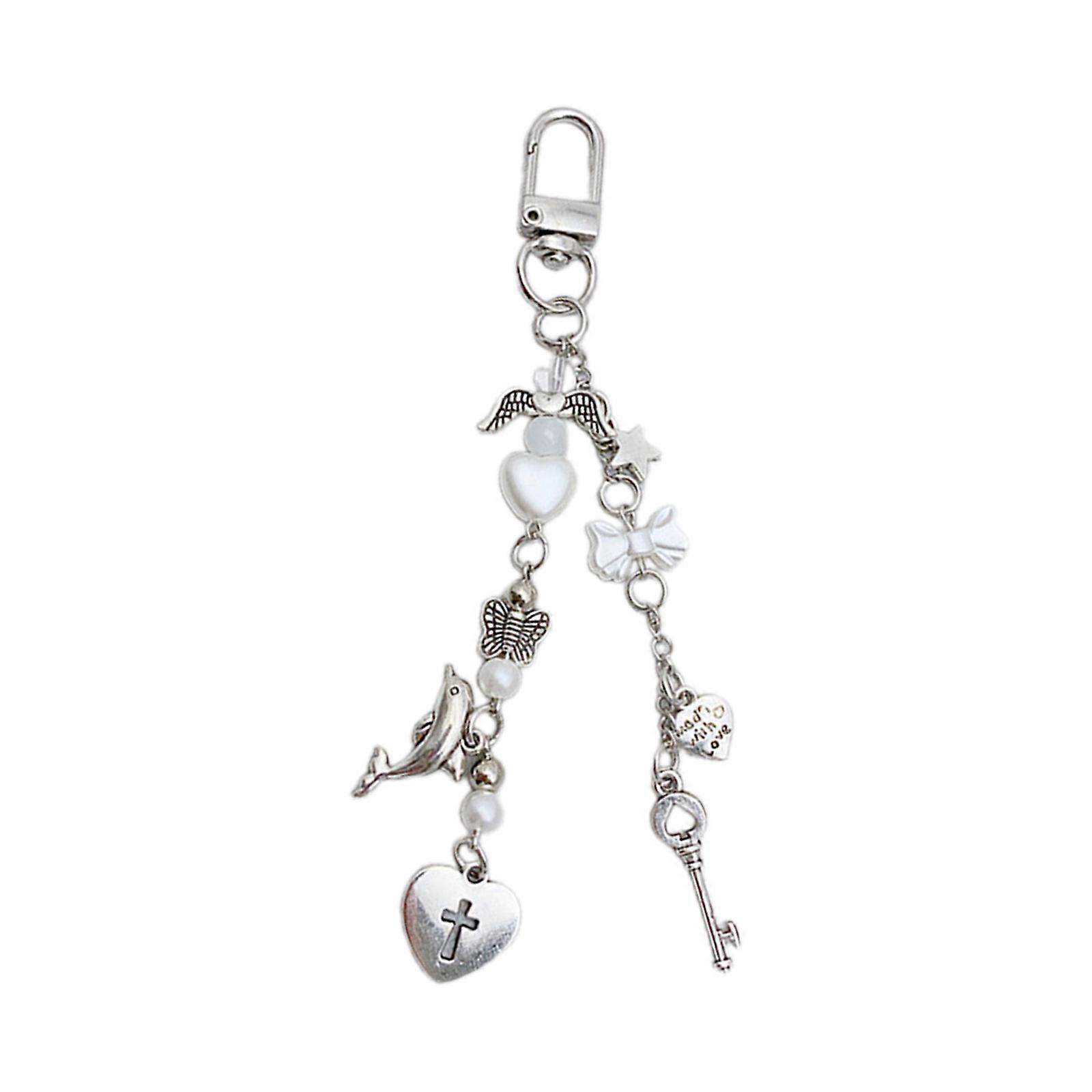 Sweet and Cool Heart Keychain with Guitar Bass and Bowknot Beautiful Keychains Unique Beaded Pendant Key Chain