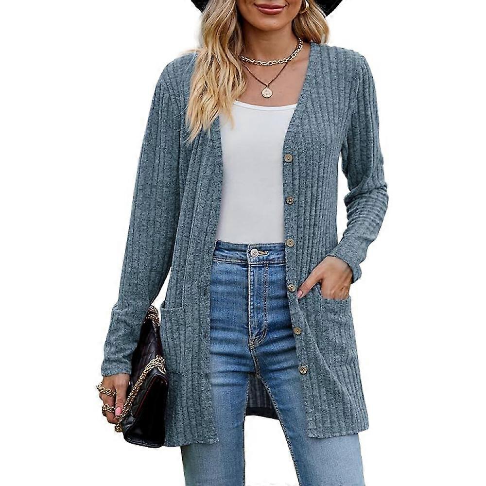 Women's elegant cardigan ribbed long sleeve button placket with pockets