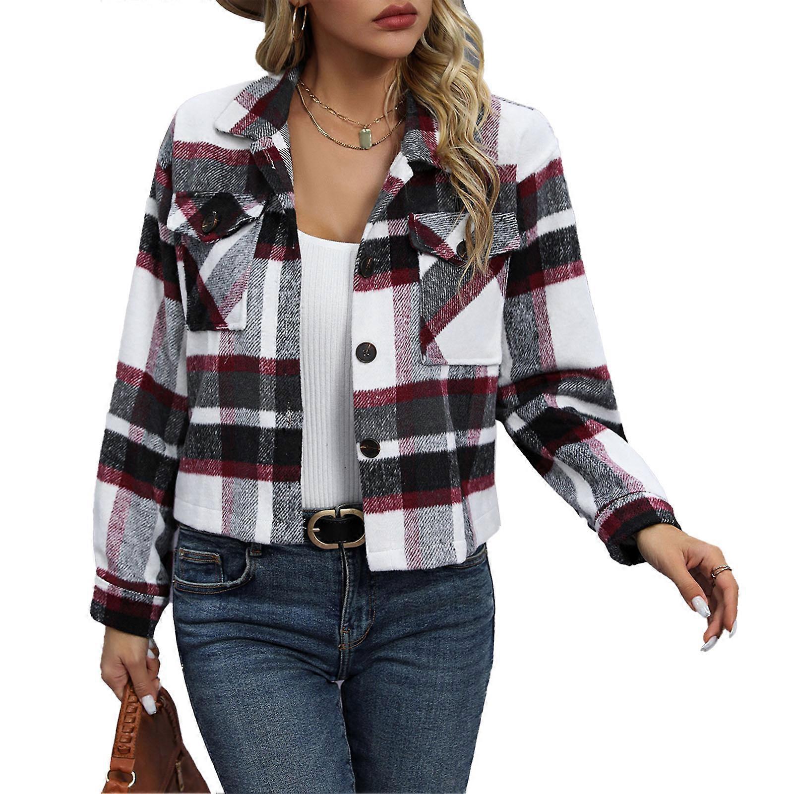Women Jacket Turn Down Collar Long Sleeve Side Pockets Plaid Button Down Coat Top For Spring Autumn