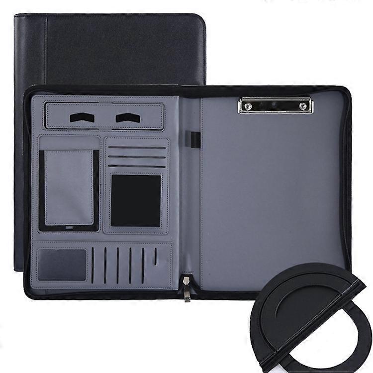KC601 A4 Multifunctional Portable Folder Business Zipper Bag Leather Folder, Style: No Chargeable No Calculator No Memo Pad (Black)