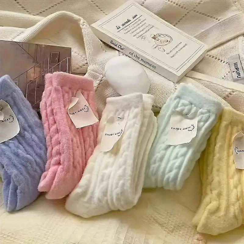5 Pairs Women's Cozy Fuzzy Socks- Winter Warm Plush Mid-Calf Length Twisted Pattern Knit Fabric Socks