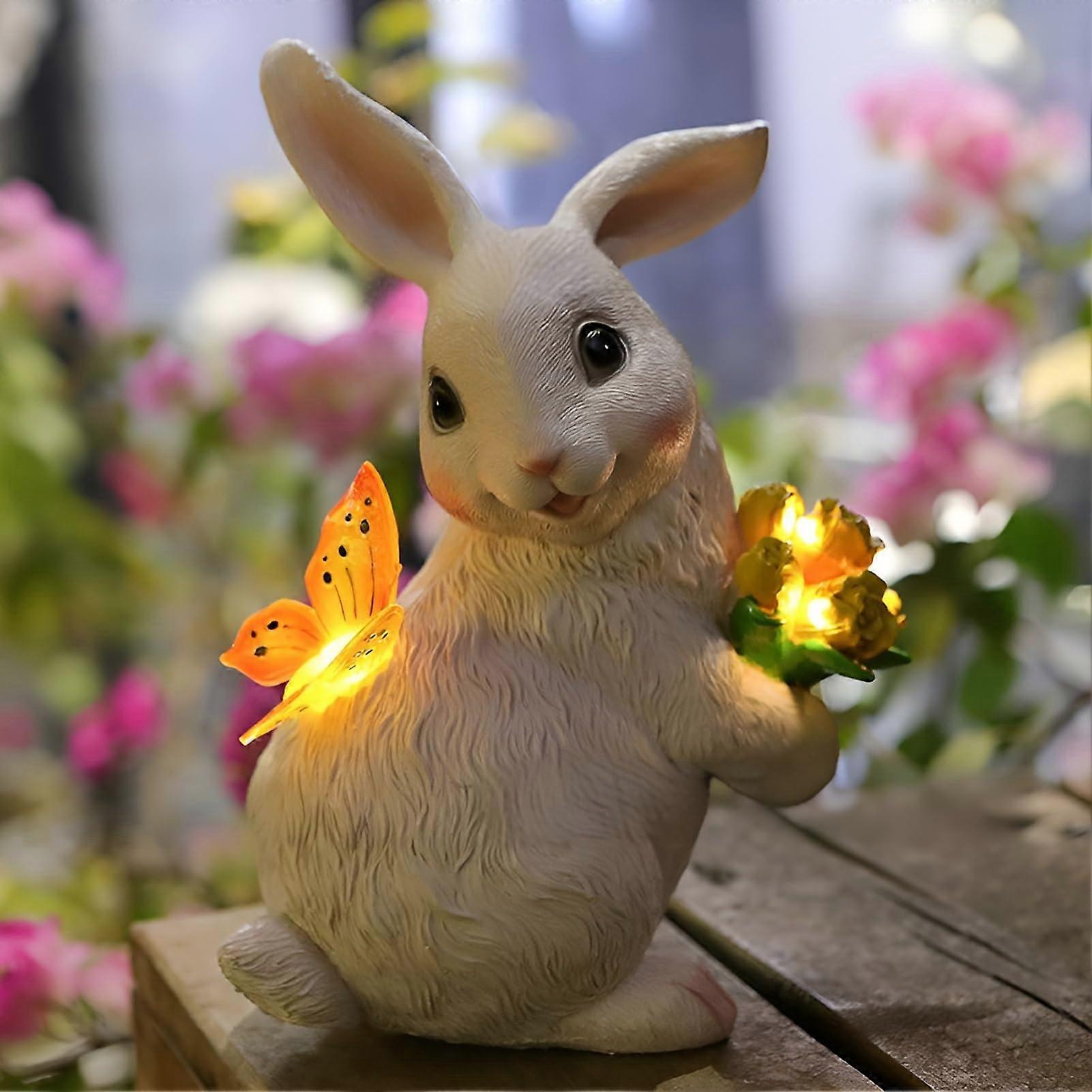 Solar Rabbit Garden Statue Resin Outdoor Lamp, Weatherproof, Butterfly Accent, Natural Resin Finish