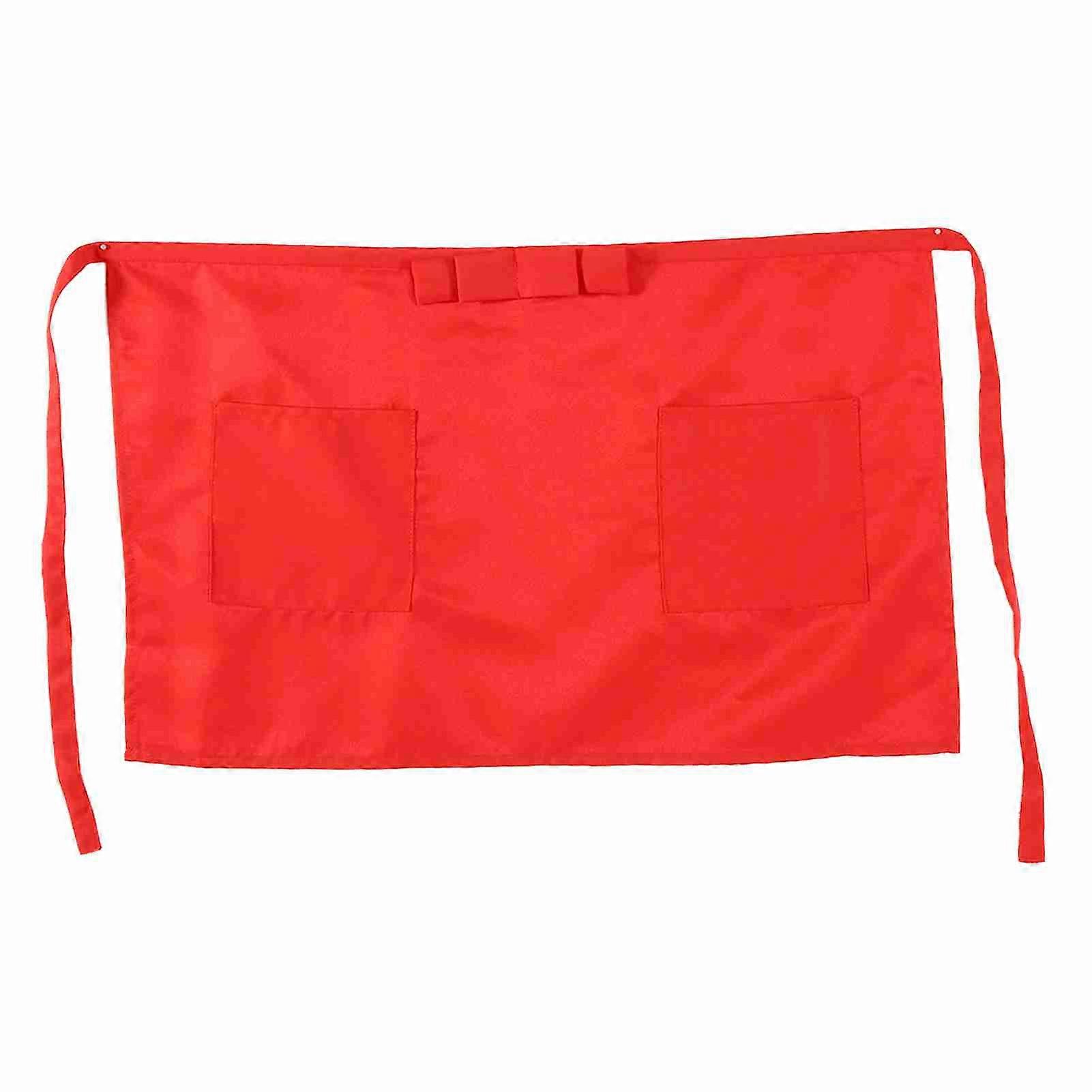 Solid Color Kitchen Cooking Half Waist Apron With Bowknot and Two Pockets Red