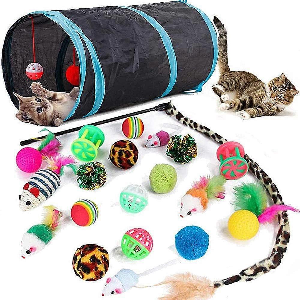 Cat Toys for Indoor Cats Collapsible Cat Tunnel Interactive Feather Teaser Wand Ball Toy for Kitten Cats 21 Pcs
