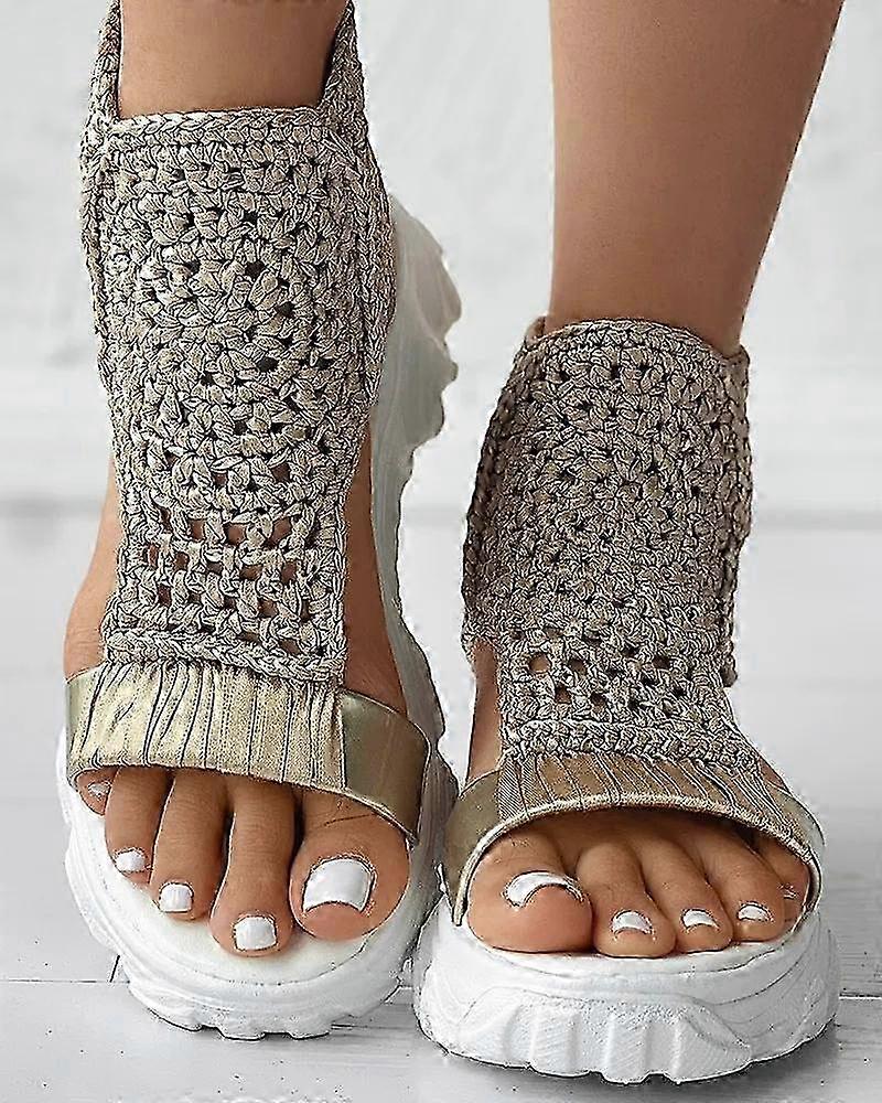 Braided Elastic Summer Sandals for Women 2024 Knitted Mesh Flat Bottom Hollow Out Shoes