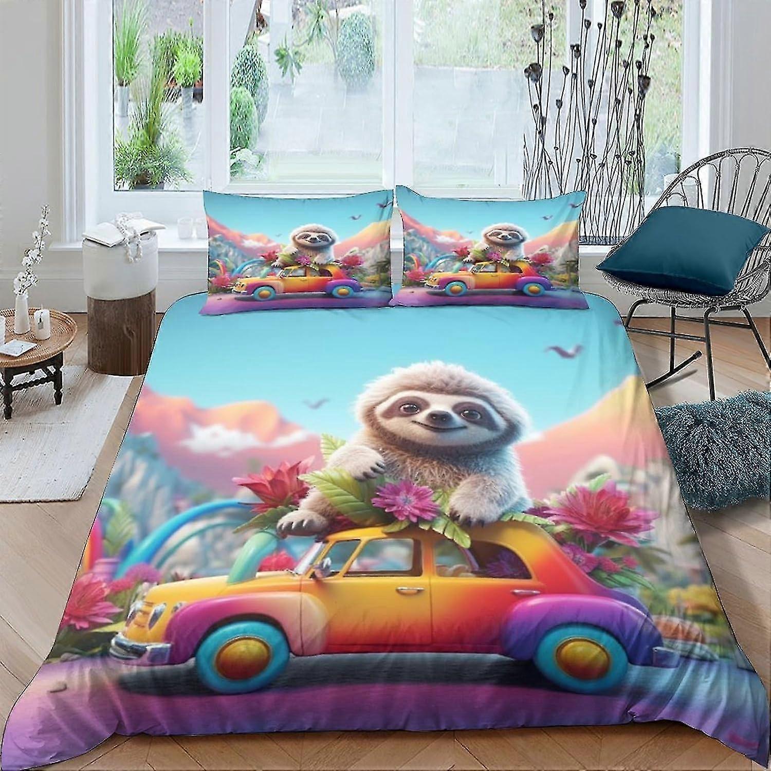 Luxury Multi-Colour Sloth Duvet Cover 3 Piece Set Soft Animal Bedding With Pillowcases Double Easy Care