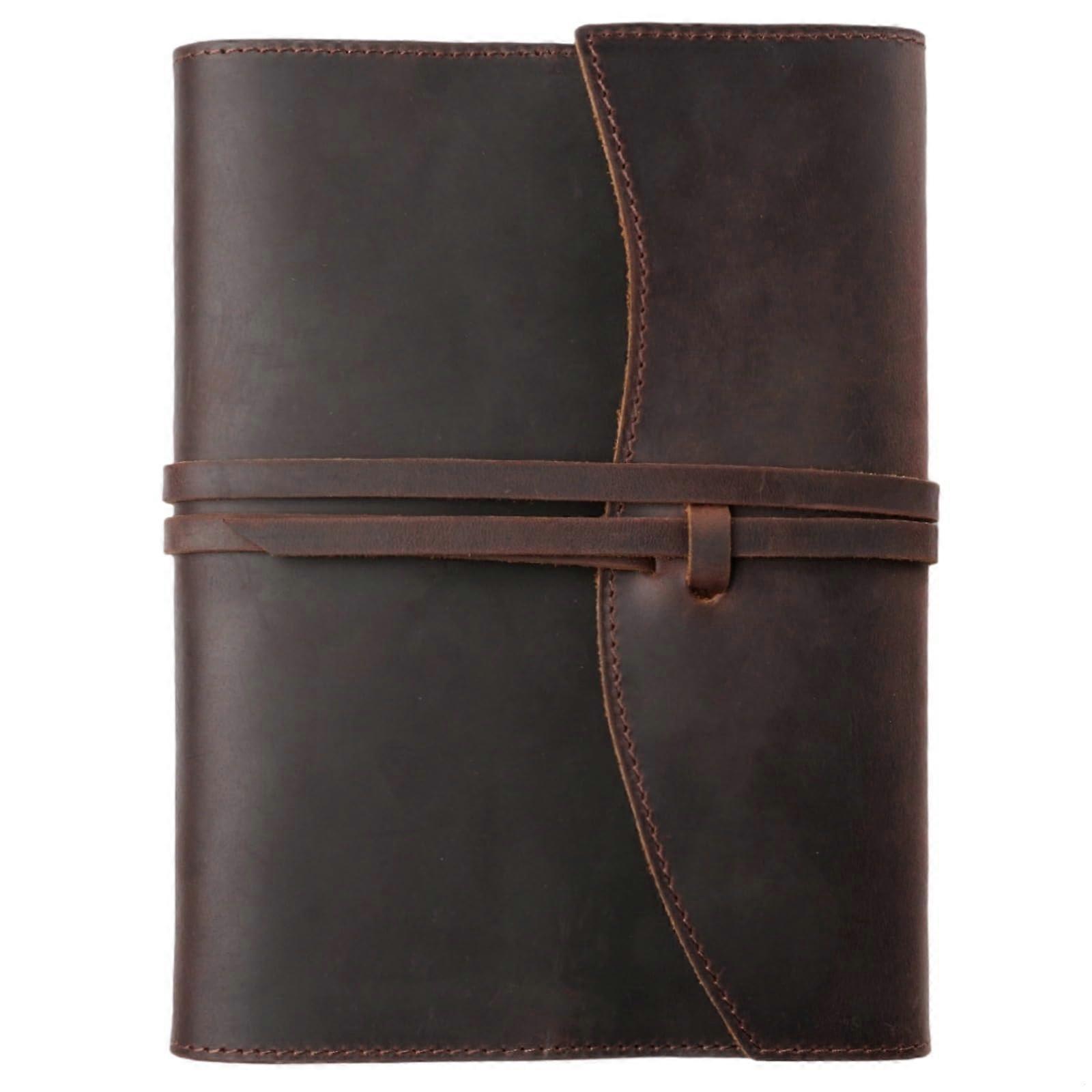 A5 cowhide leather Bible book cover, with flap closure, classic coffeecolored case for reading the Scripture.