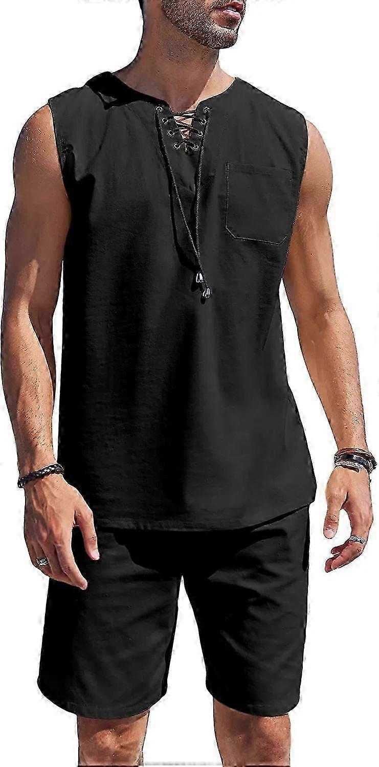 Herre Lin 2-delt Antrekk Strand Snøring Singlet & Matchende Shorts Sett Hippie Bryllup Sommer Fritid