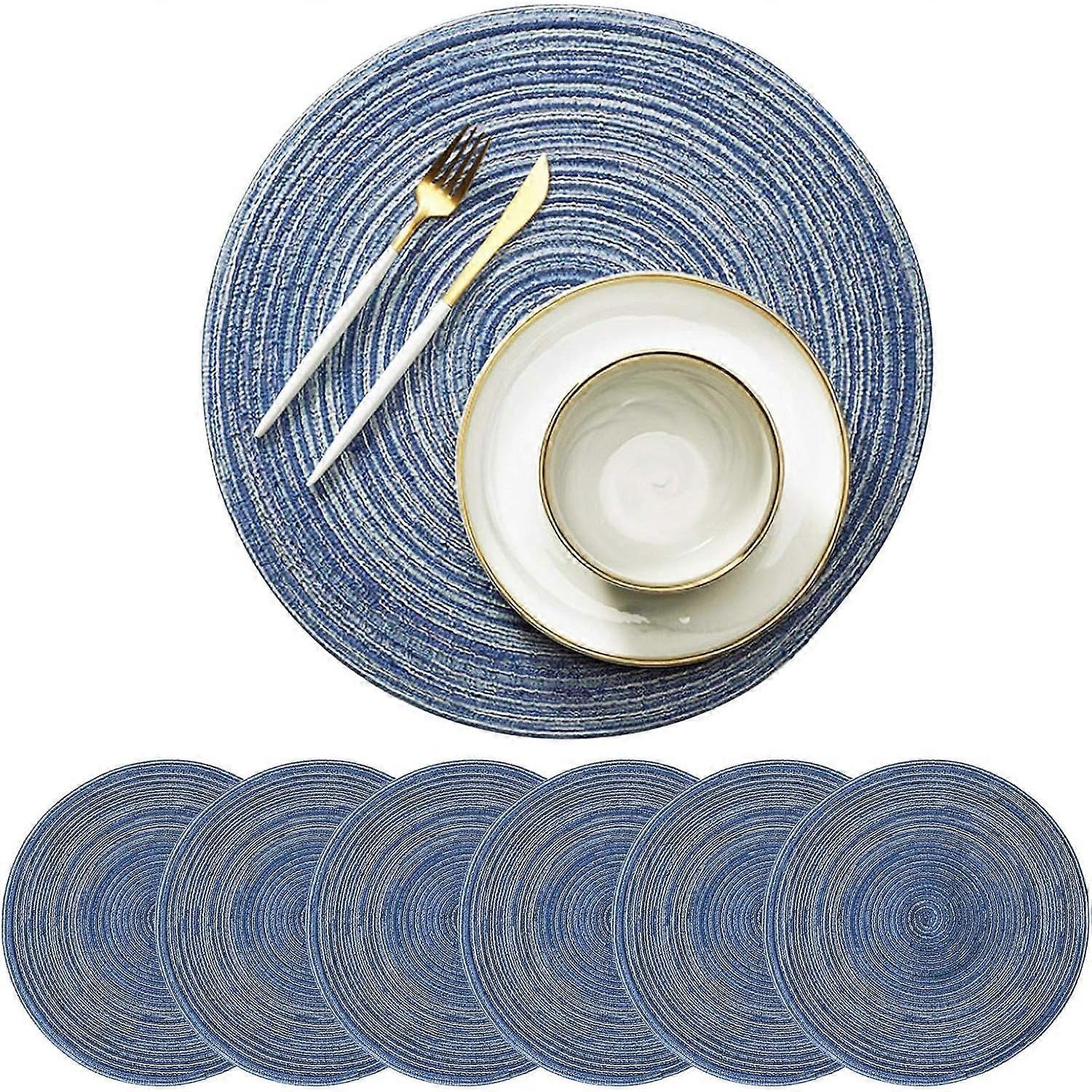 Set of 6 Round Fabric Placemats for Dining Room, Heat Resistant and Washable, Bohemian Braided Design for Rustic Tables (14.1 inches).