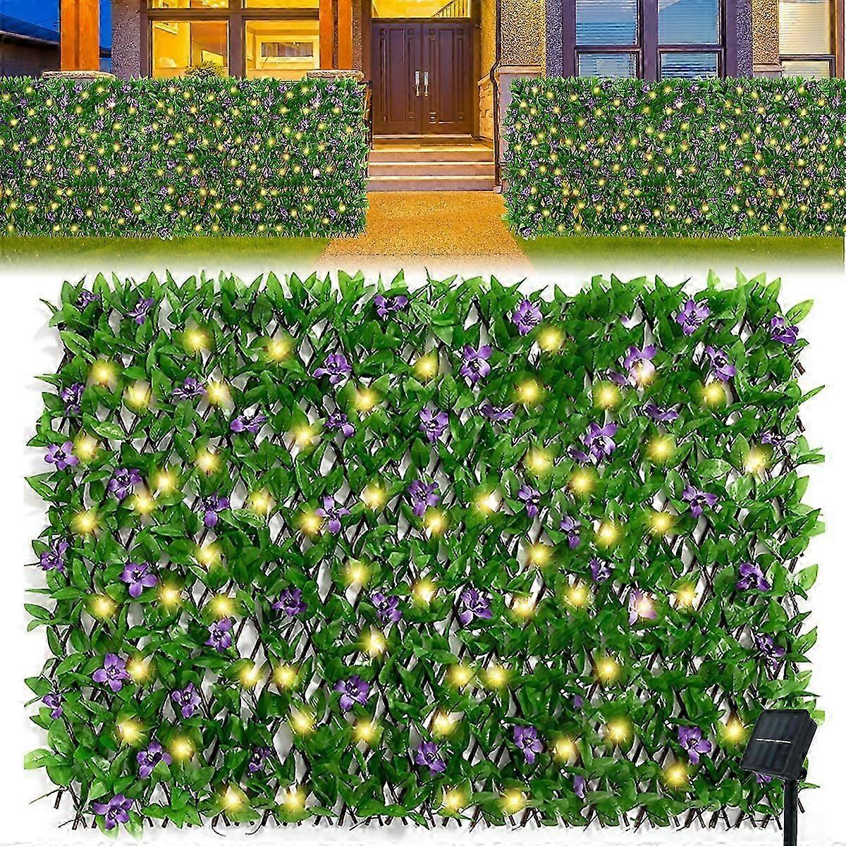 Expandable Fence with Solar Light String Stretchable Foliage Privacy Fence Faux Ivy Fence Panel Backdrop Artificial Hedges Fence