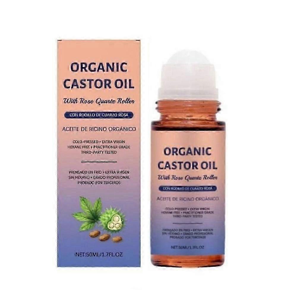 1-3X Roll-On à l’huile de ricin dorée bio au quartz rose | 100 % Pur pour la Peau 50ML