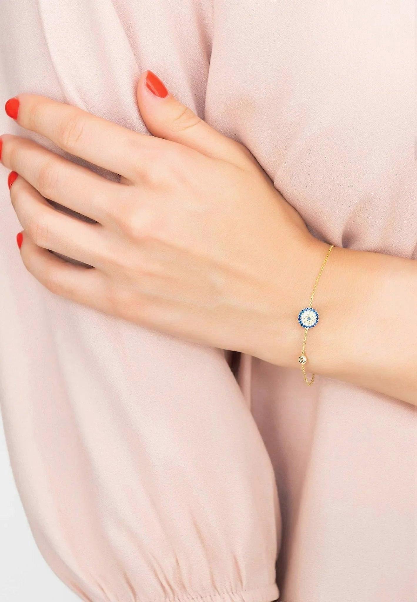 Latelita Evil Eye 女士金色手链,纯银,22K 金浸渍,长度可调 14.5-17 厘米,多面蓝色和白色锆石