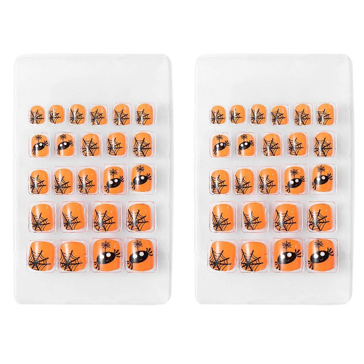 44Set Halloween Fingernails with Spiderweb Pattern for Holiday Activities Orange