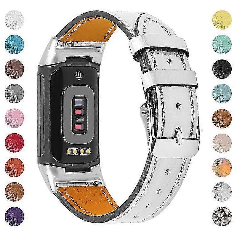 Premium Äkta Läder Justerbar Rem Klockarmband för Fitbit Charge 6 5 - Grå