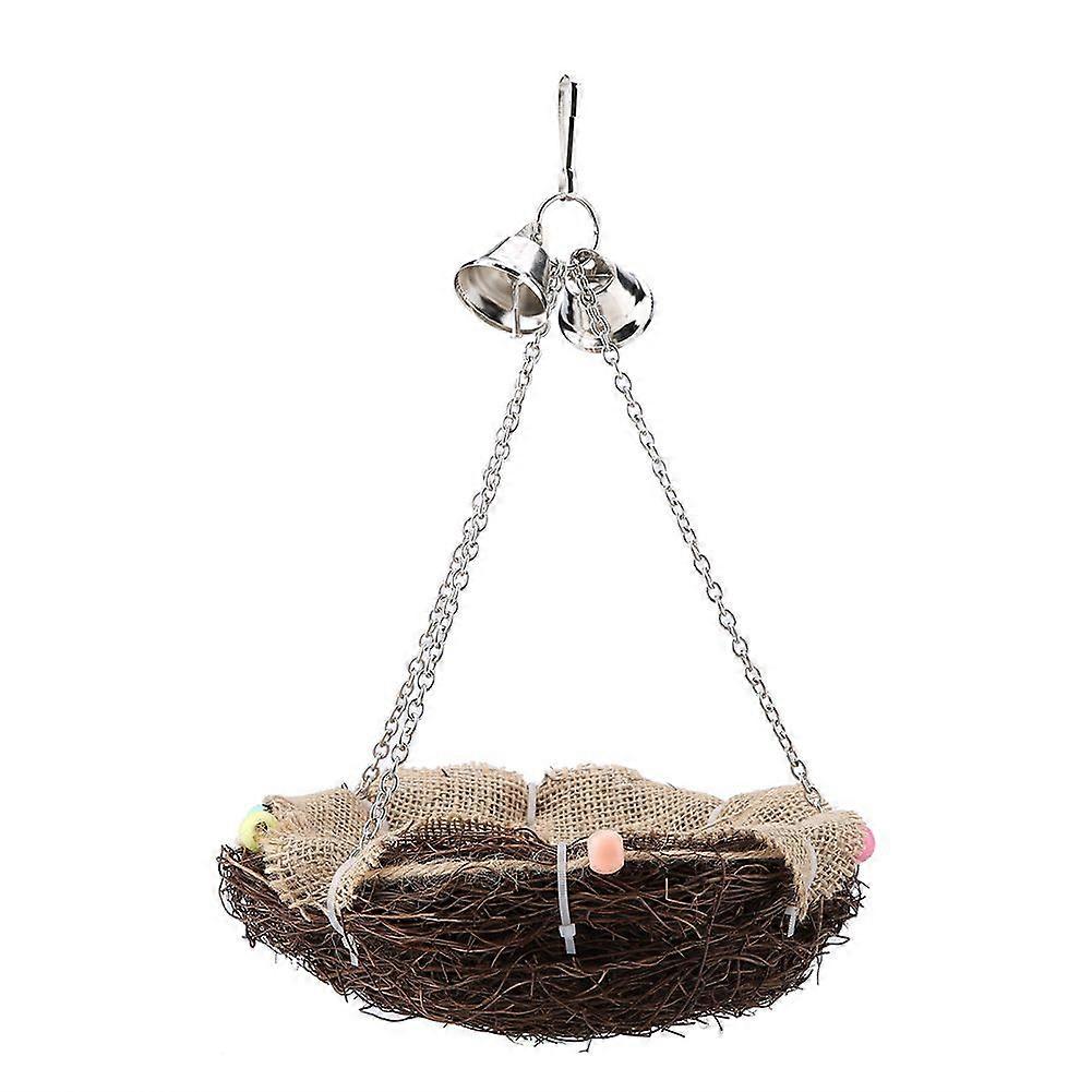 Rattan Birds Straw Nest Swing Hanging Toy with Three Chain Bells Toys