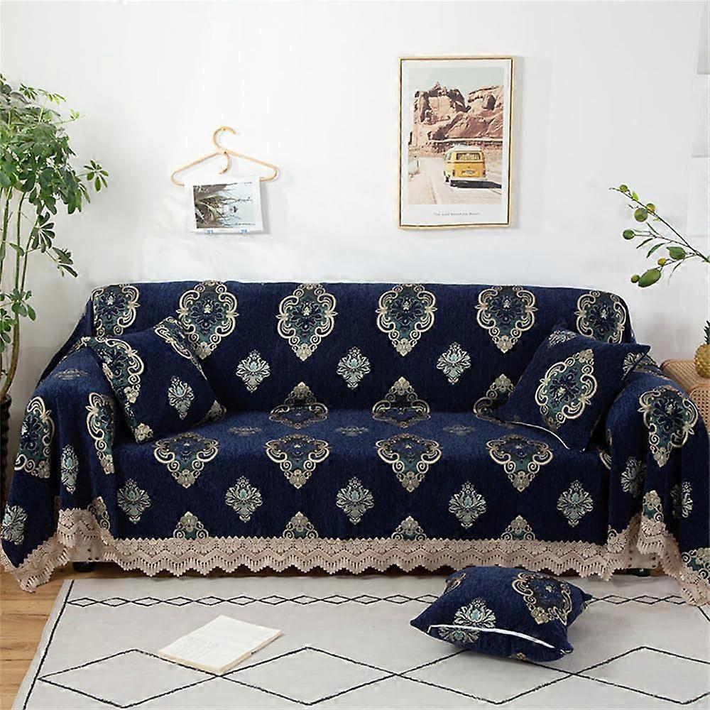 Sofa Throw Blanket 180x240cm Blue Gold Chenille Jacquard Totem With Lace Edge For Sofa Couch Bed