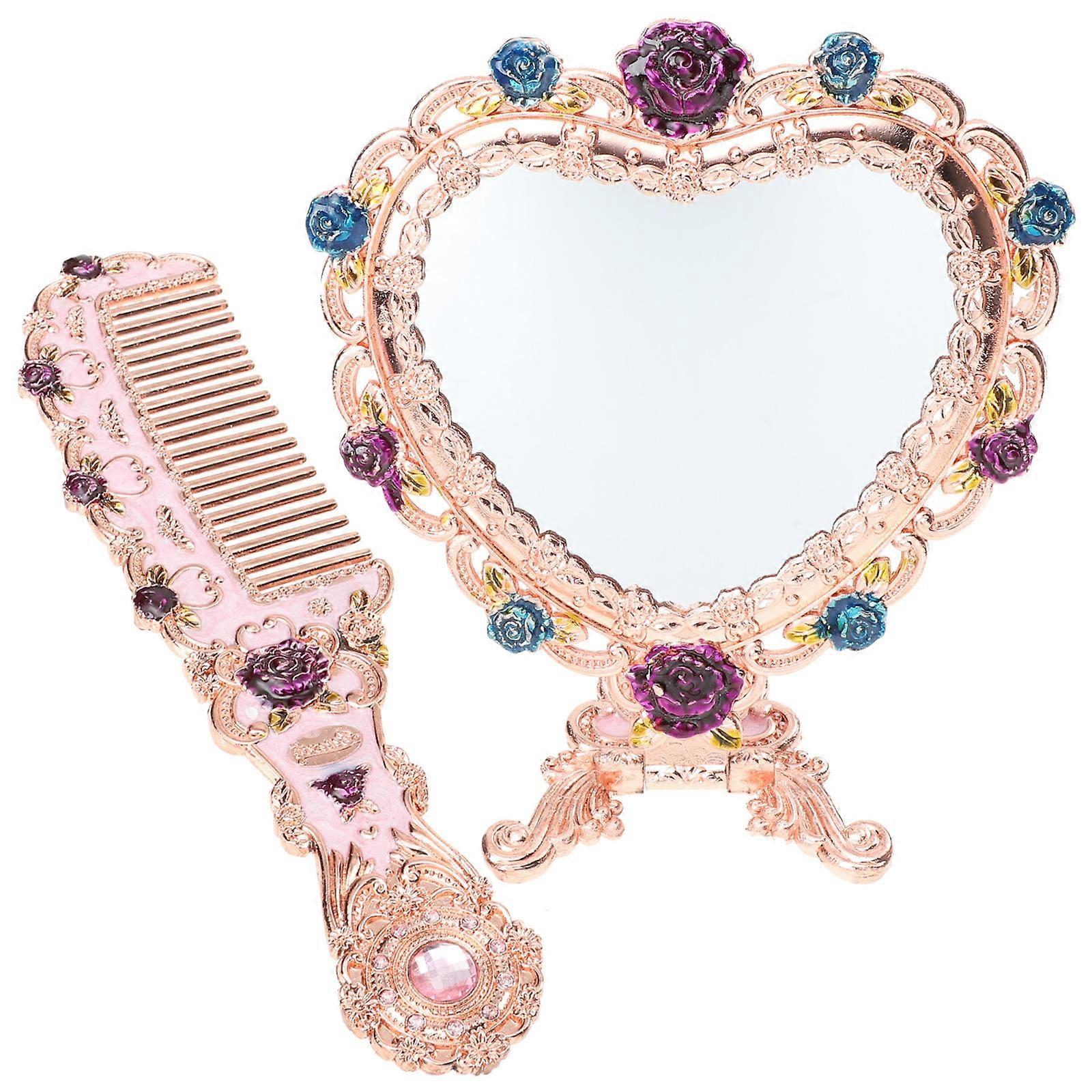 Portable Handheld Cosmetic Mirror and Comb Set for Women 1Set