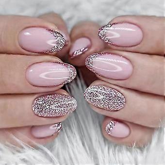 ZENGO 24 stuks amandelvormige druknagels, korte, Franse tip, nepnagels, glanzende roze kunstnagels met lijmstickers, ovale acryl volledige dekking, lijm op nagels
