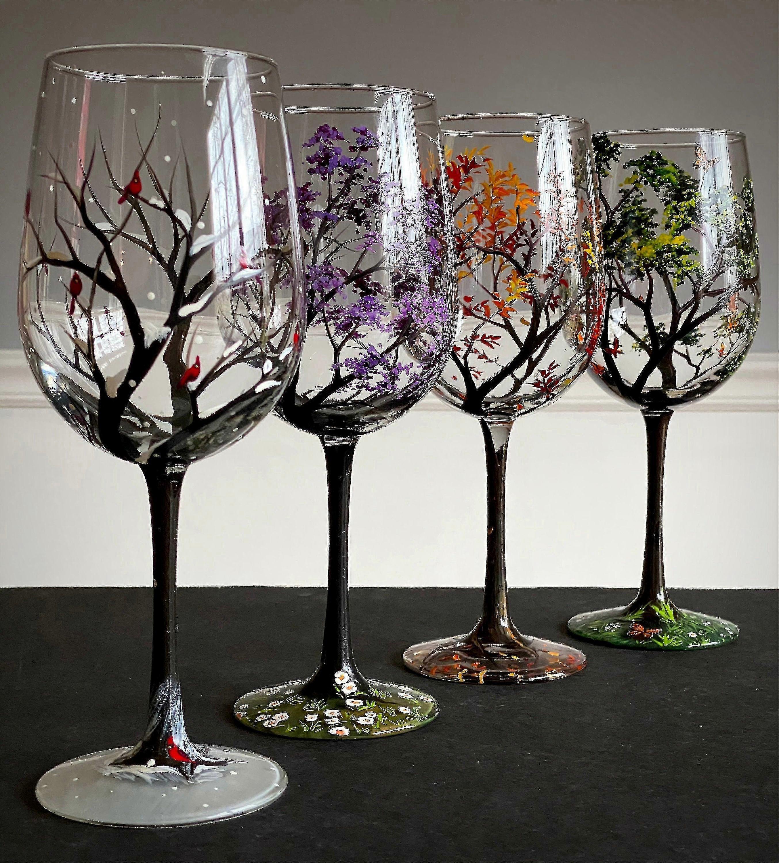 four seasons tree design wine glasses set of four