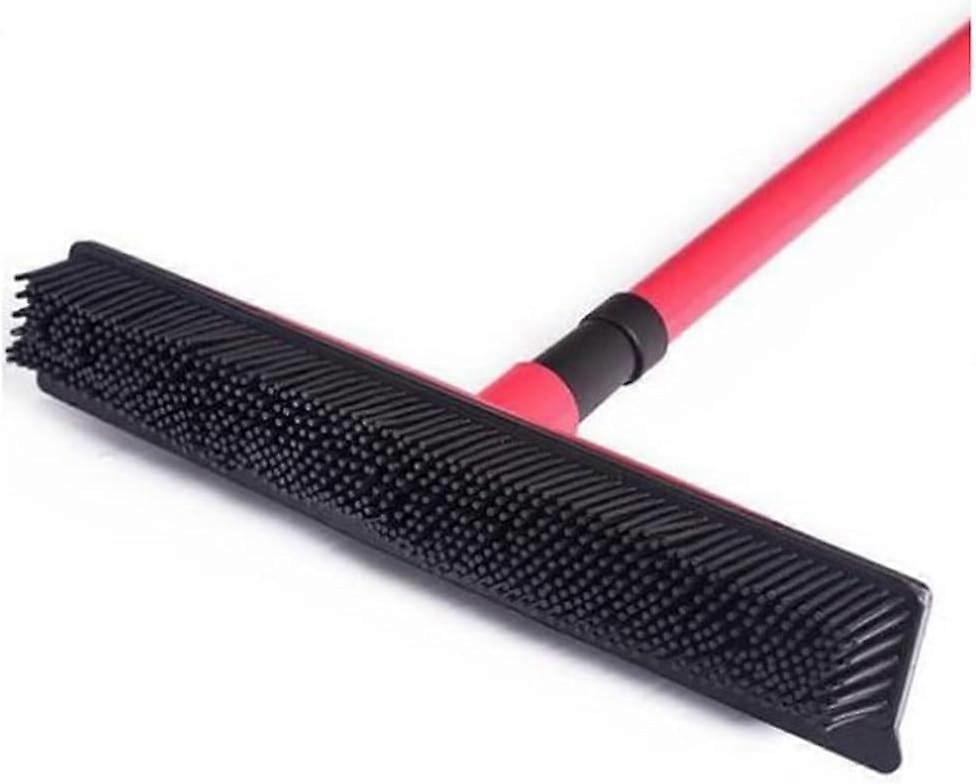 Pet Hair Removal Push Broom with Rubber Squeegee for Carpet Floor Cleaning (Red)
