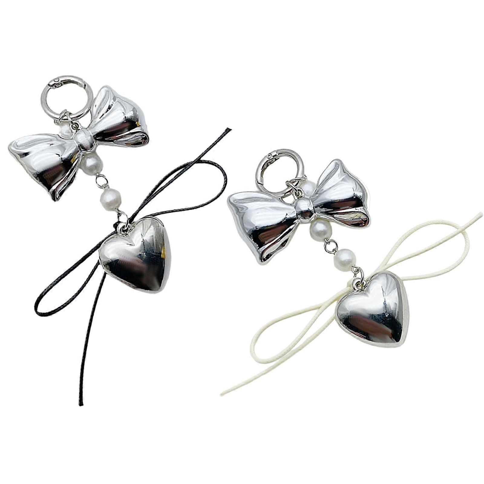 Stylish Silver Colored Keychain Unique Heart Keychain with Bowknot Detail Imitation Pearls Bag Hanging Ornament Multicolor