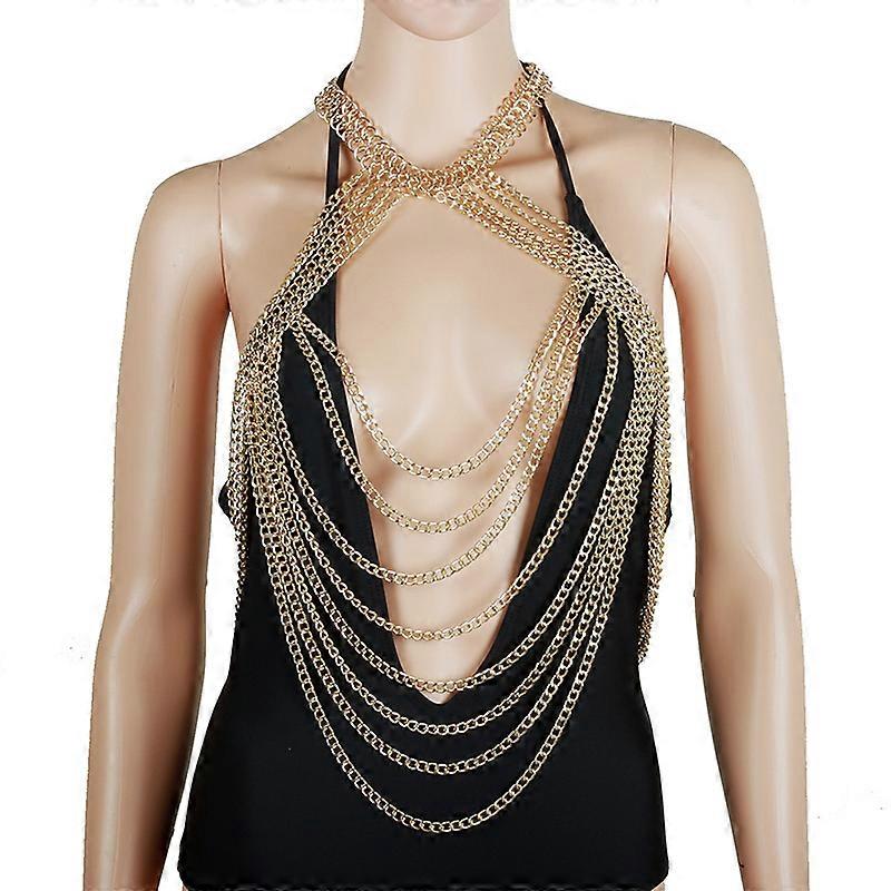 Sexy Women Body Chain Necklace Multi-layer Gold Chain Festival Jewelry Dance Wear