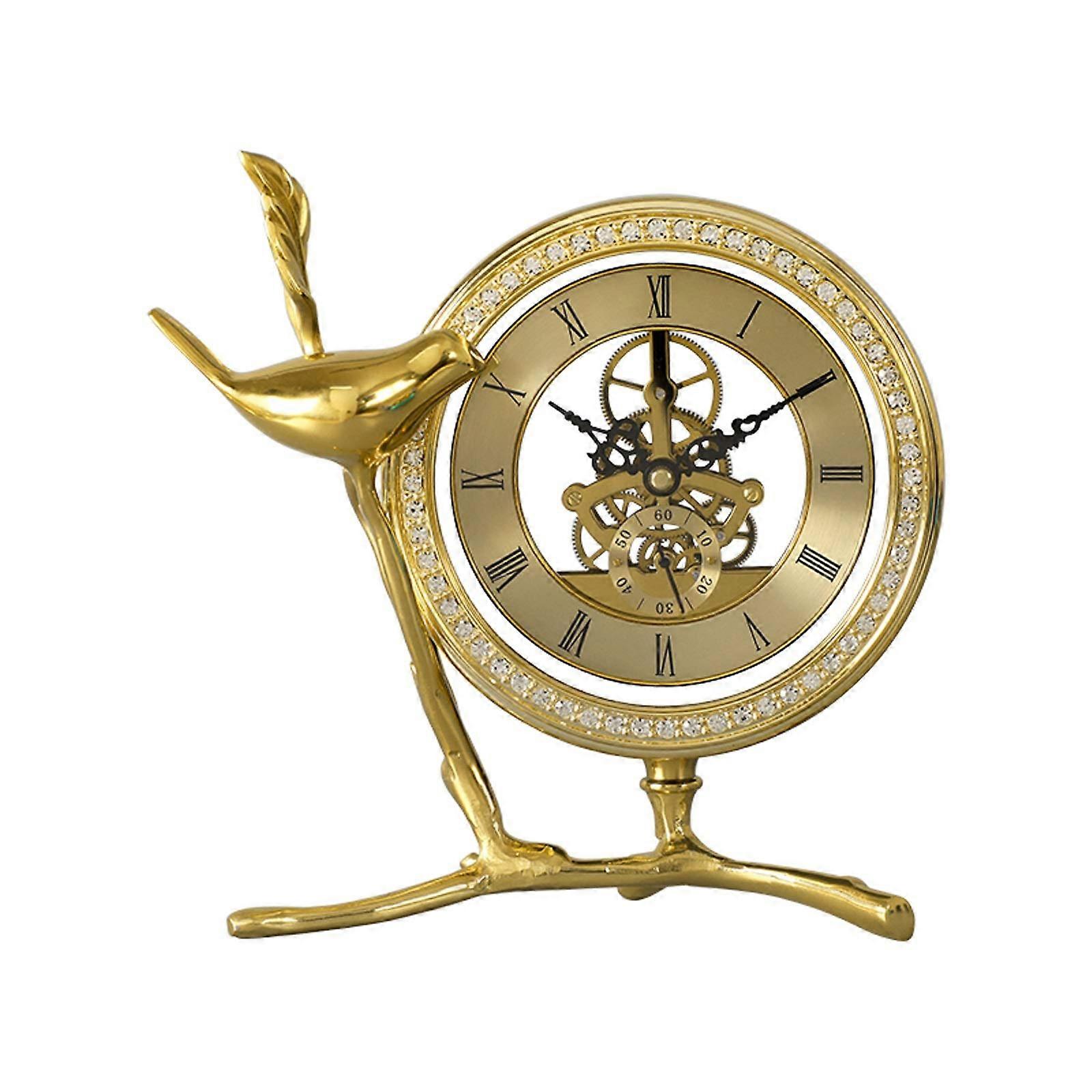 Mantelpiece Metal Desk Clock with Hollow Dial and Rhinestones, Creative Jumping Seconds Table Clock 7.4 Inches for Living Room