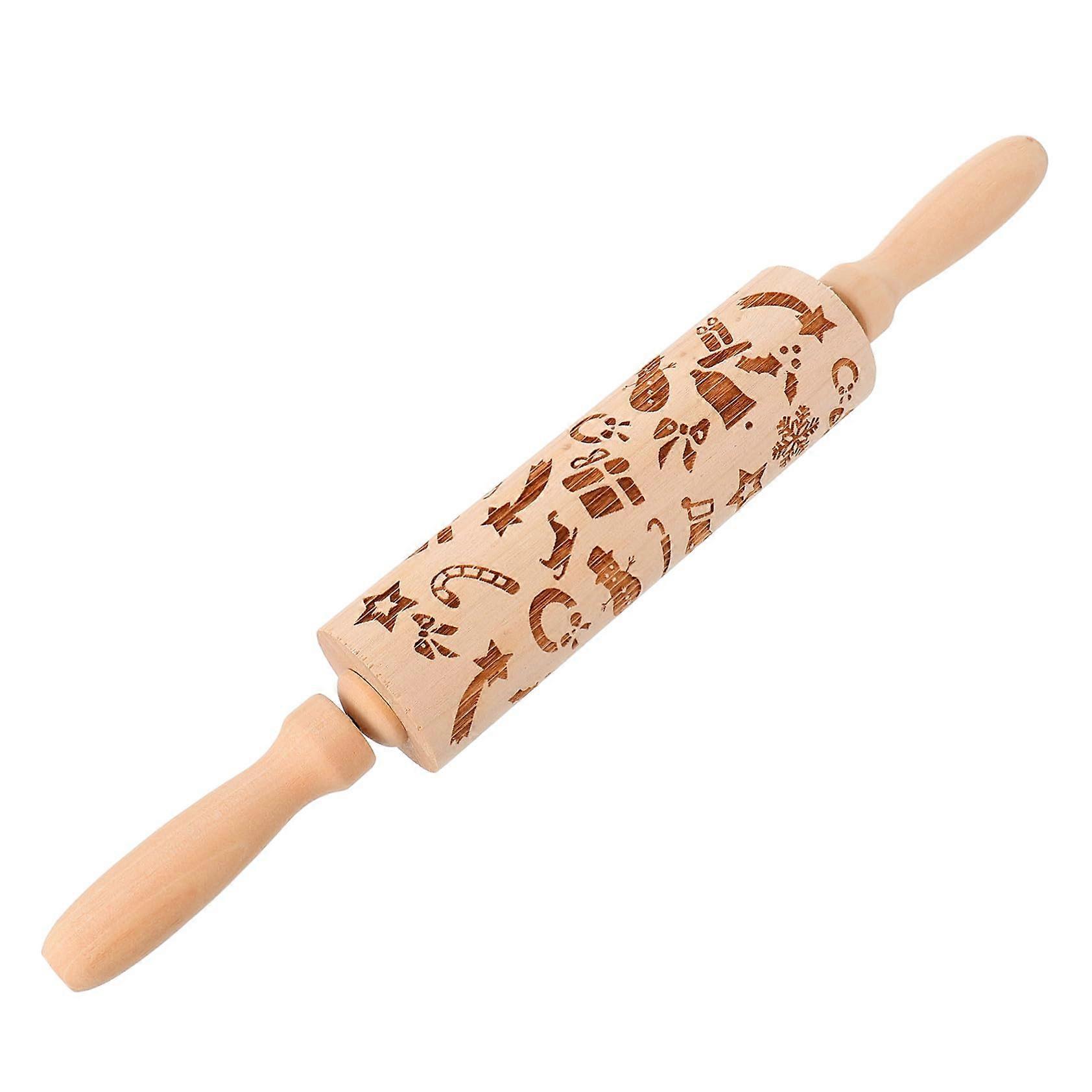 Christmas Wooden Rolling Pin with Engraved Snowman Socks Stars, Nonstick Baking Tool for Cookies and Dough