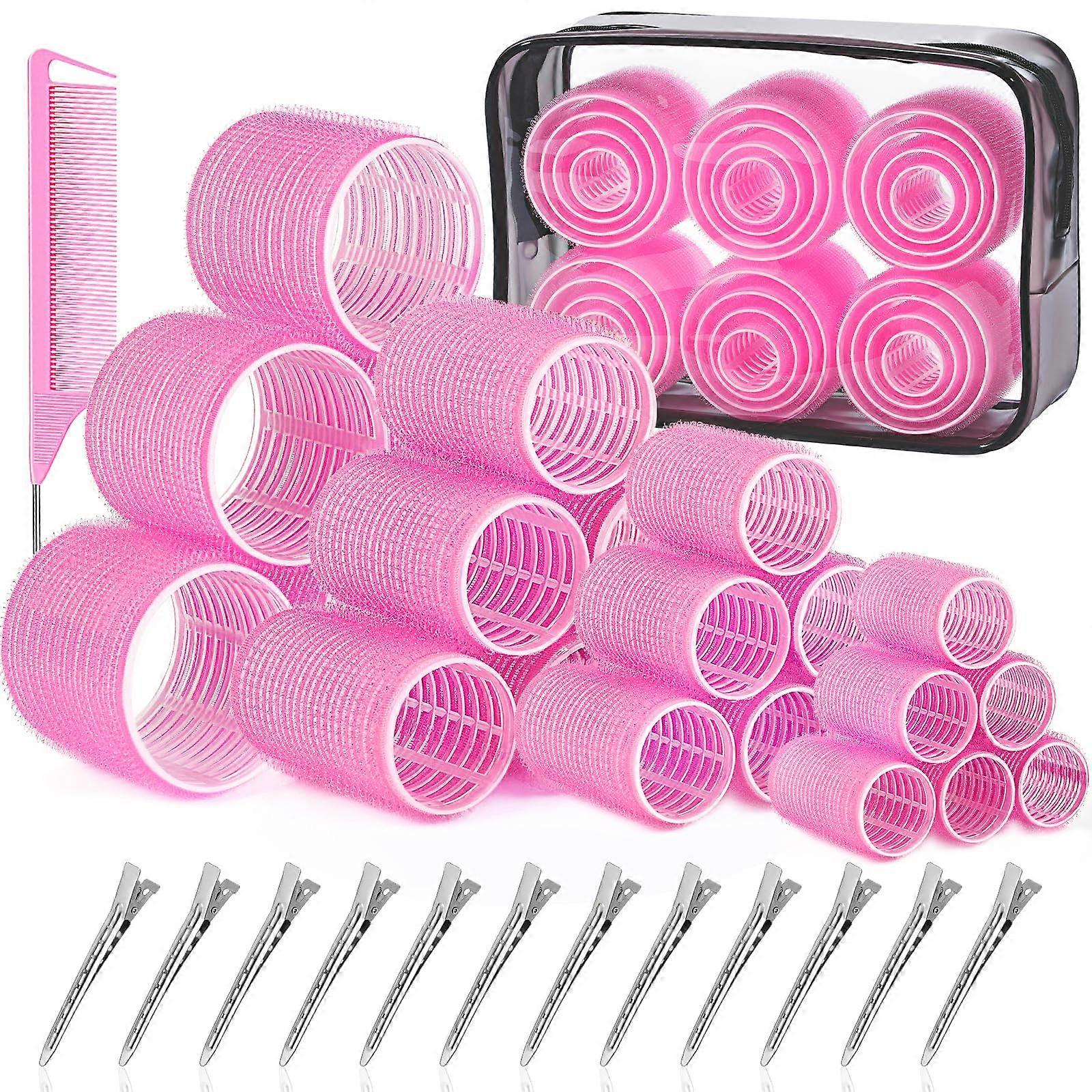 Hair Rollers Set 4 Sizes with 12 Clips and Comb, Self Grip Curlers No Heat for Long and Short Hair