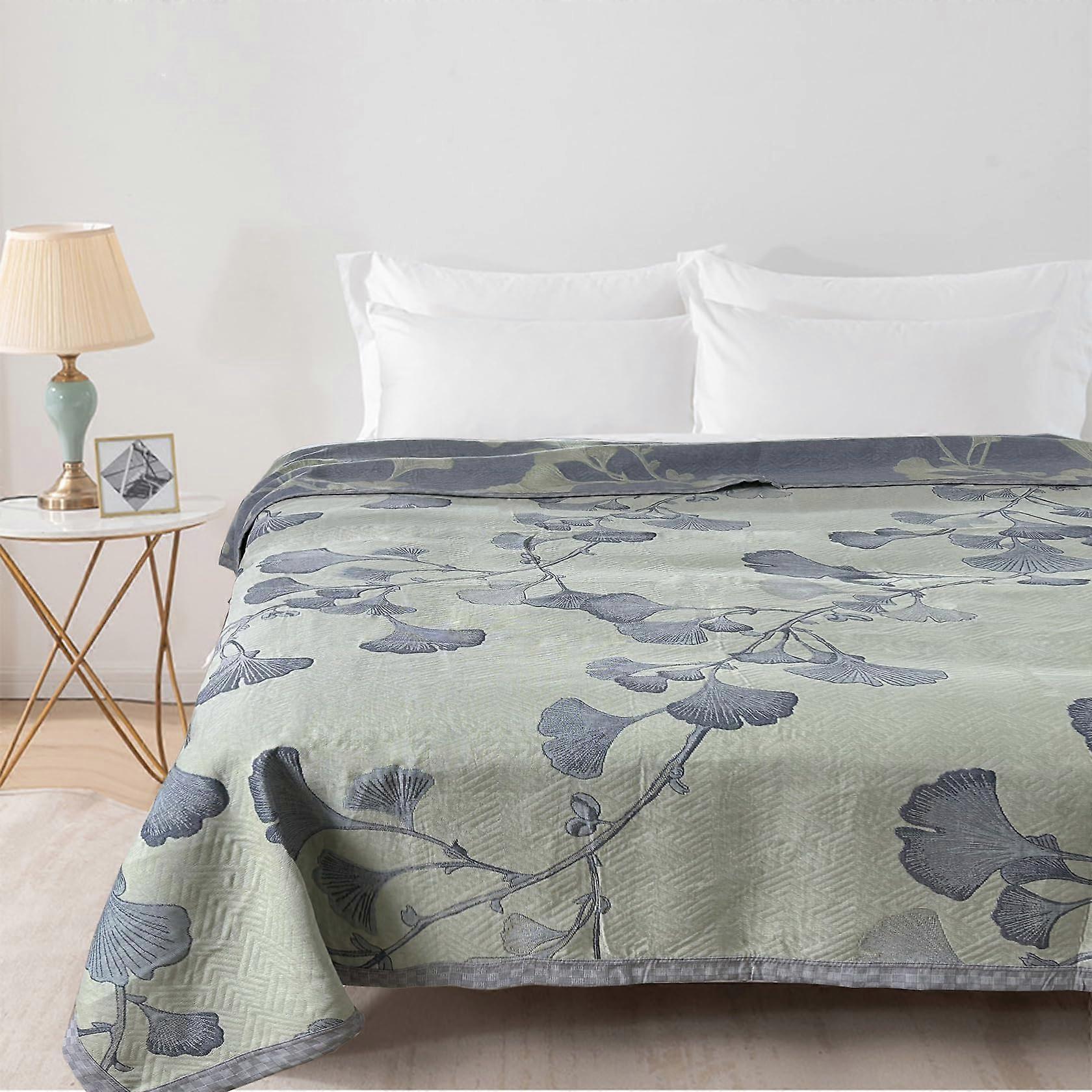 Cotton Quilt Queen Size Green and Gray Reversible Bedspread with Embroidered Ginkgo Leaf Design