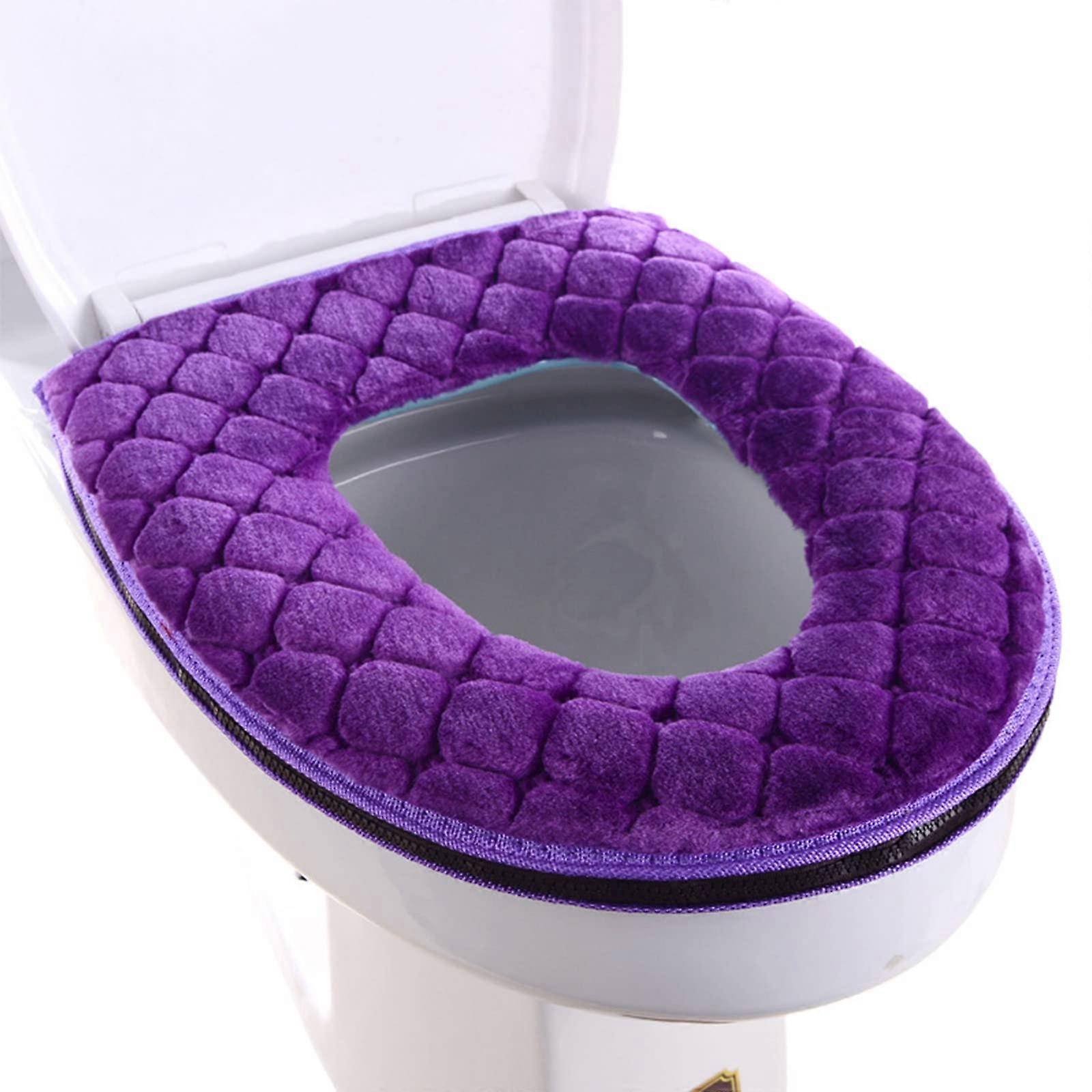 Plush Toilet Seat Cover with Zipper Soft Warm Cushion Washable Reusable Pad Purple