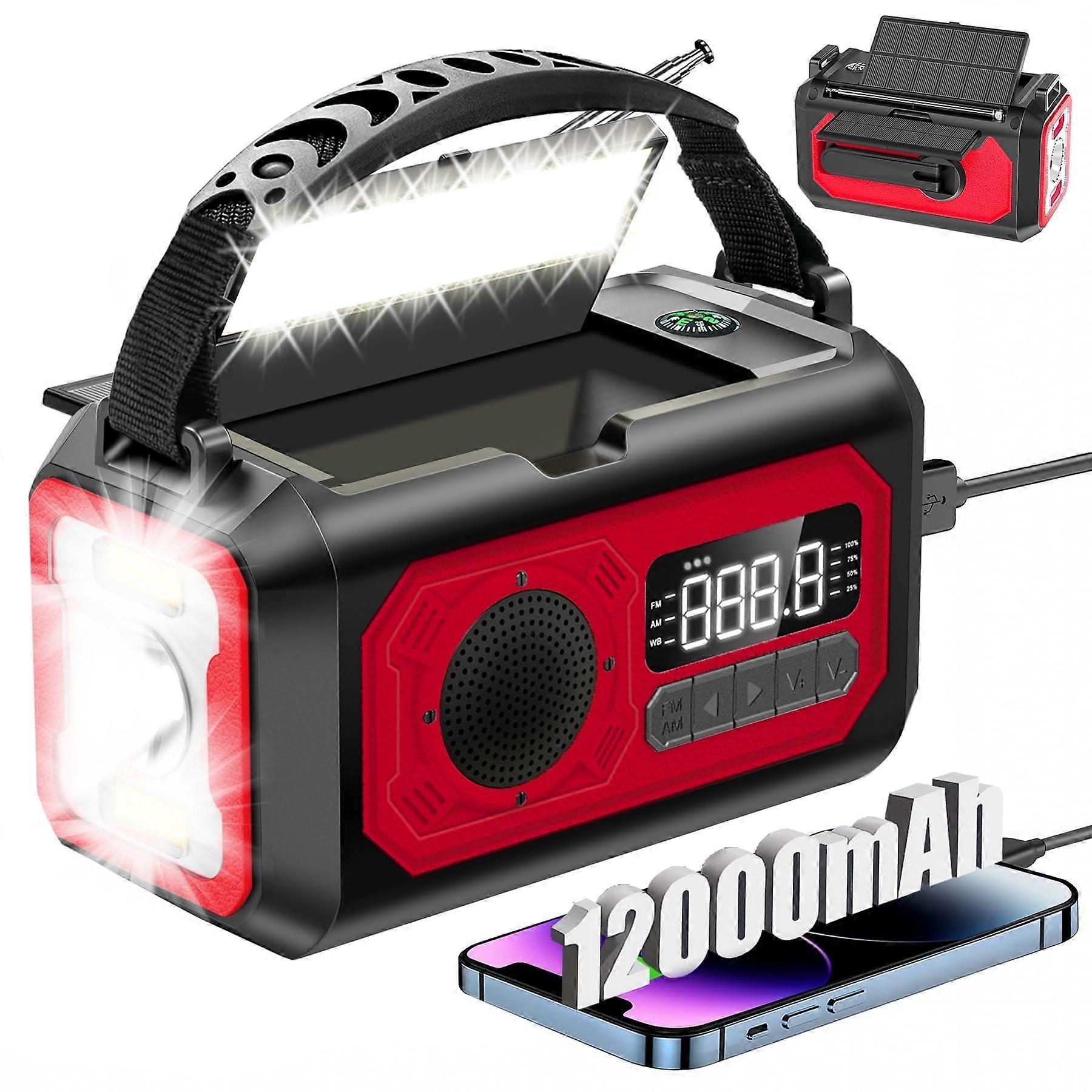 12000mAh Solar Powered Emergency Weather Radio with Dual Solar Panels, NOAA Alerts, LED Flashlight, Power Bank, Hand Crank