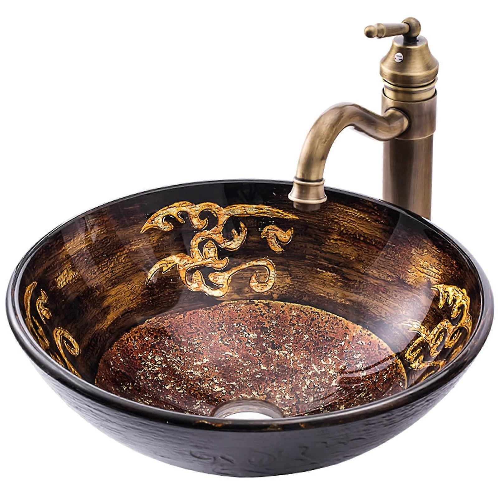 Modern Round Tempered Glass Vessel Sink with Waterfall Faucet, Above Counter Basin 42x14.5cm