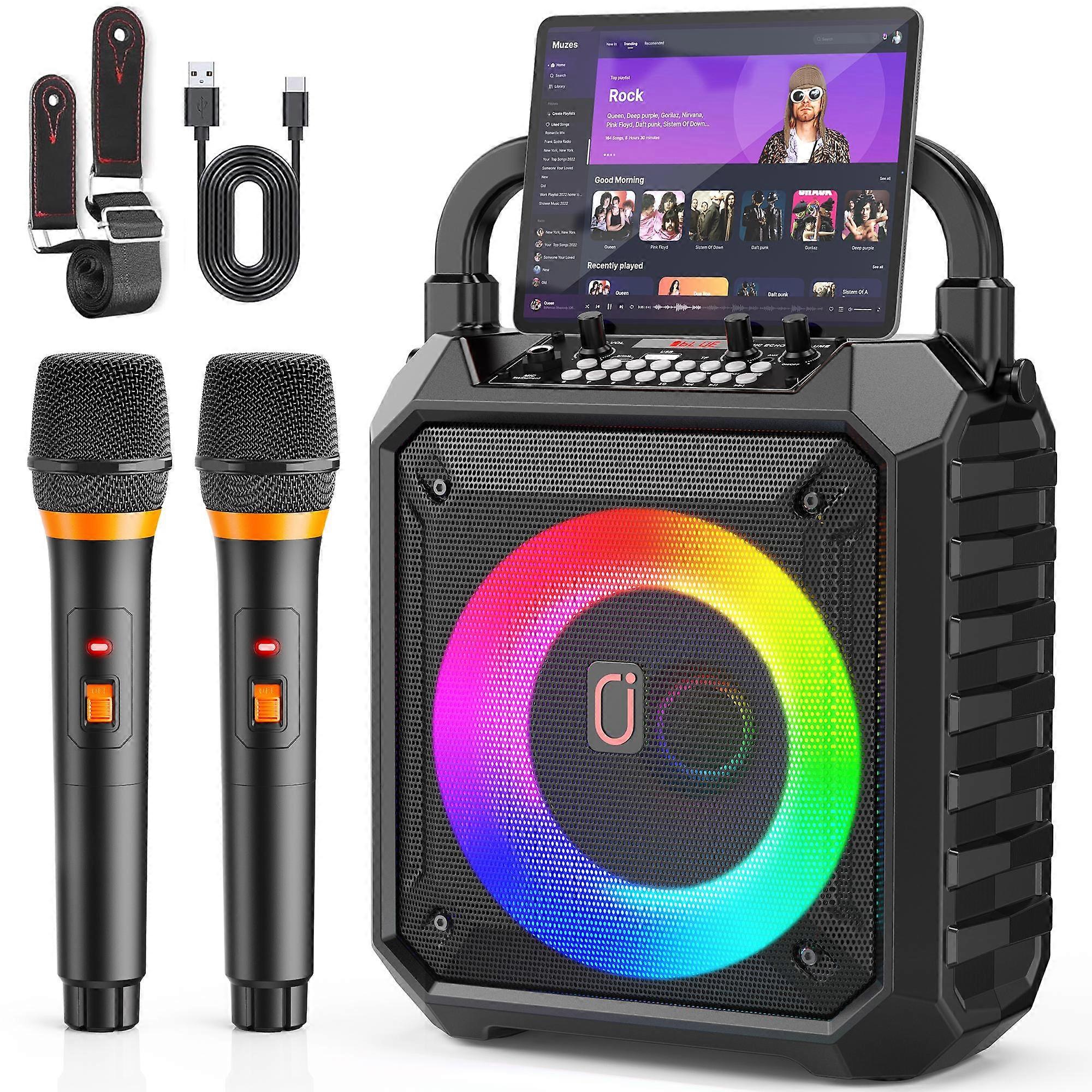 Karaoke Machine with Two Wireless Microphones, Portable Speaker with LED Lights for Kids and Adults, Supports Bluetooth/USB/TF/AUX for Party