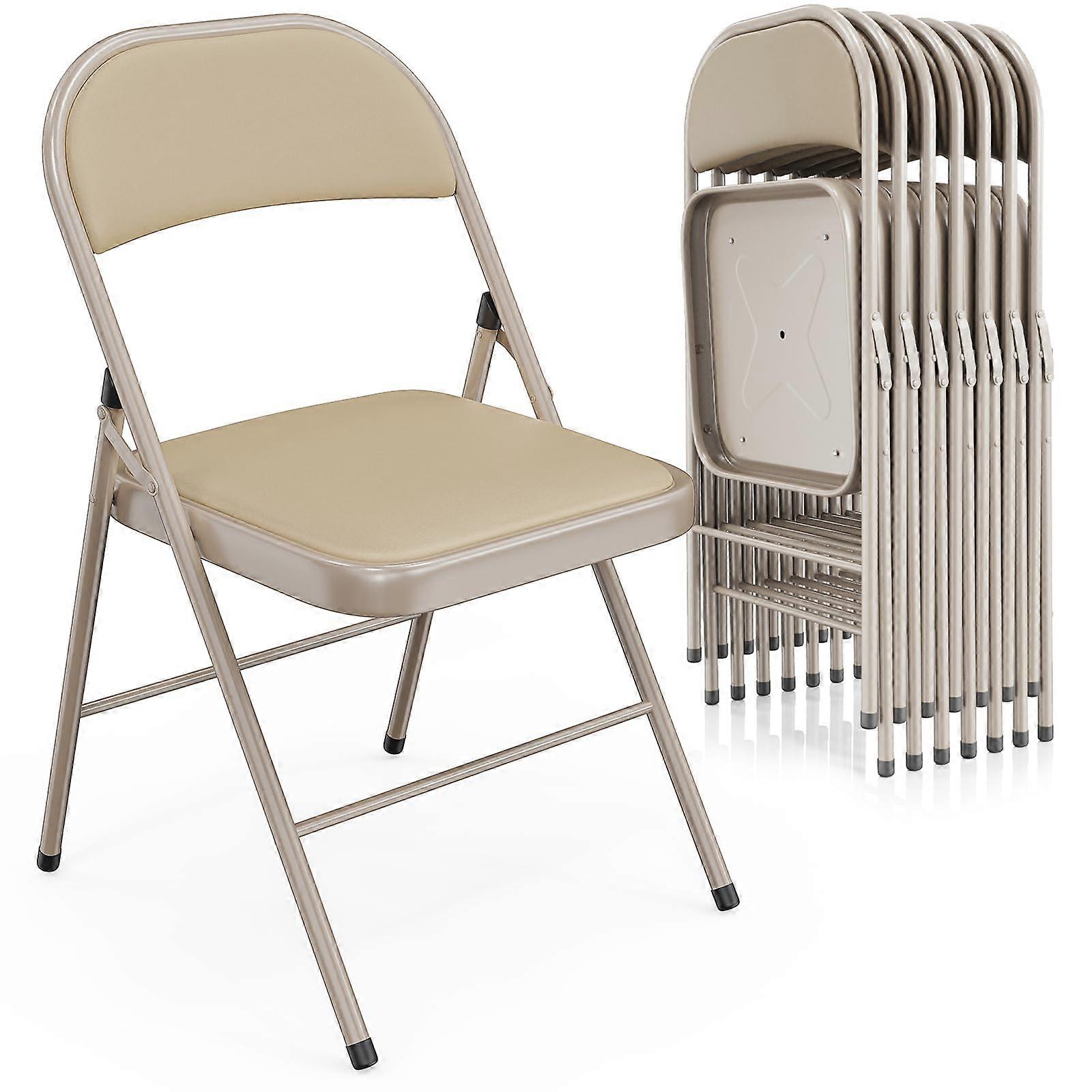 8 Pack Khaki Padded Folding Chairs Metal Frame PU Leather Seat and Back for Events and Parties
