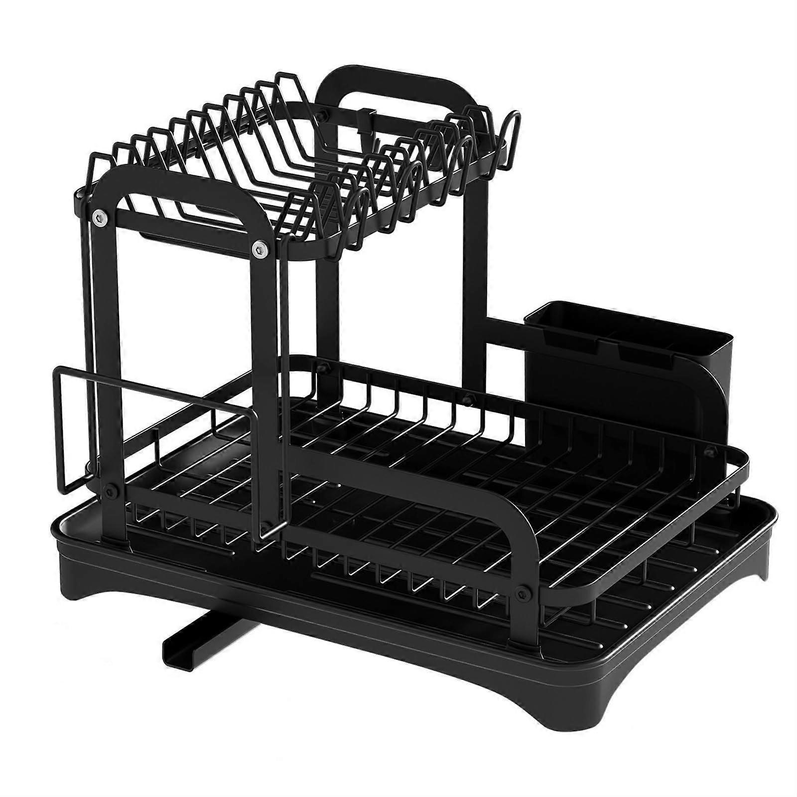 Dish Drying Rack 2 Tier with Drainboard, SpaceSaving Black Kitchen Countertop Organizer