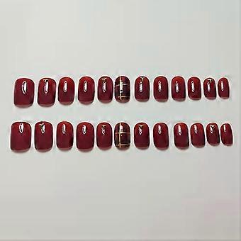 24pcs Vin Red Nail Patch med Jelly Gel aftagelige Short Paragraph Fashion