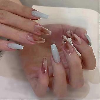 24pcs Glossy Coffin Press On Nails Gradient Blue Ombre Full Cover False Nails 1819