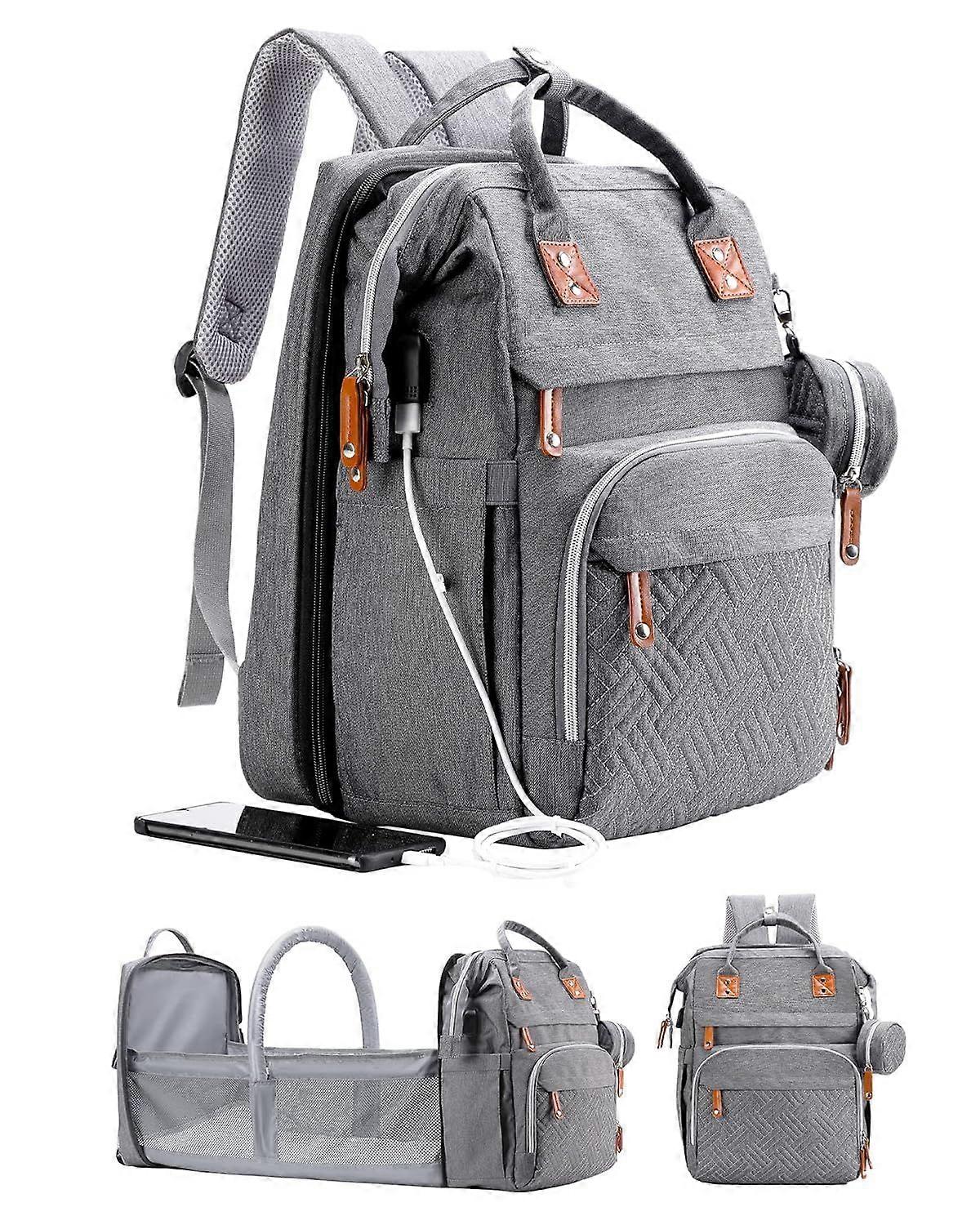 Multifunctional Diaper Bag Backpack with Changing Station, Large Capacity Travel Backpack, Gray