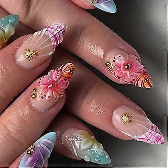 Wearable Manicure Set 24 Piece Floral Beach Theme Almond Shape French Trim Design with 3D Flower Starfish Accents for Summer Travel Multicolor IB
