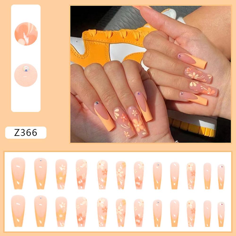 24pcs Glossy False Nails Yellow Flower Long Ballet Nails