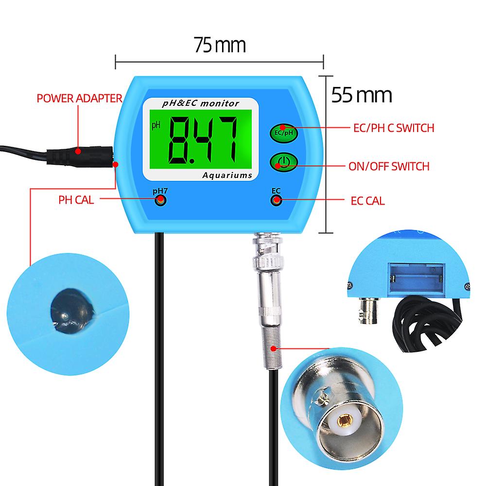 2 In 1 Ph Meter Ec Meter For Aquarium Multi-parameter Water Quality Monitor 0-14.00 Ph 19.99ms/cm Ph / Ec Monitor Acidometer 40%