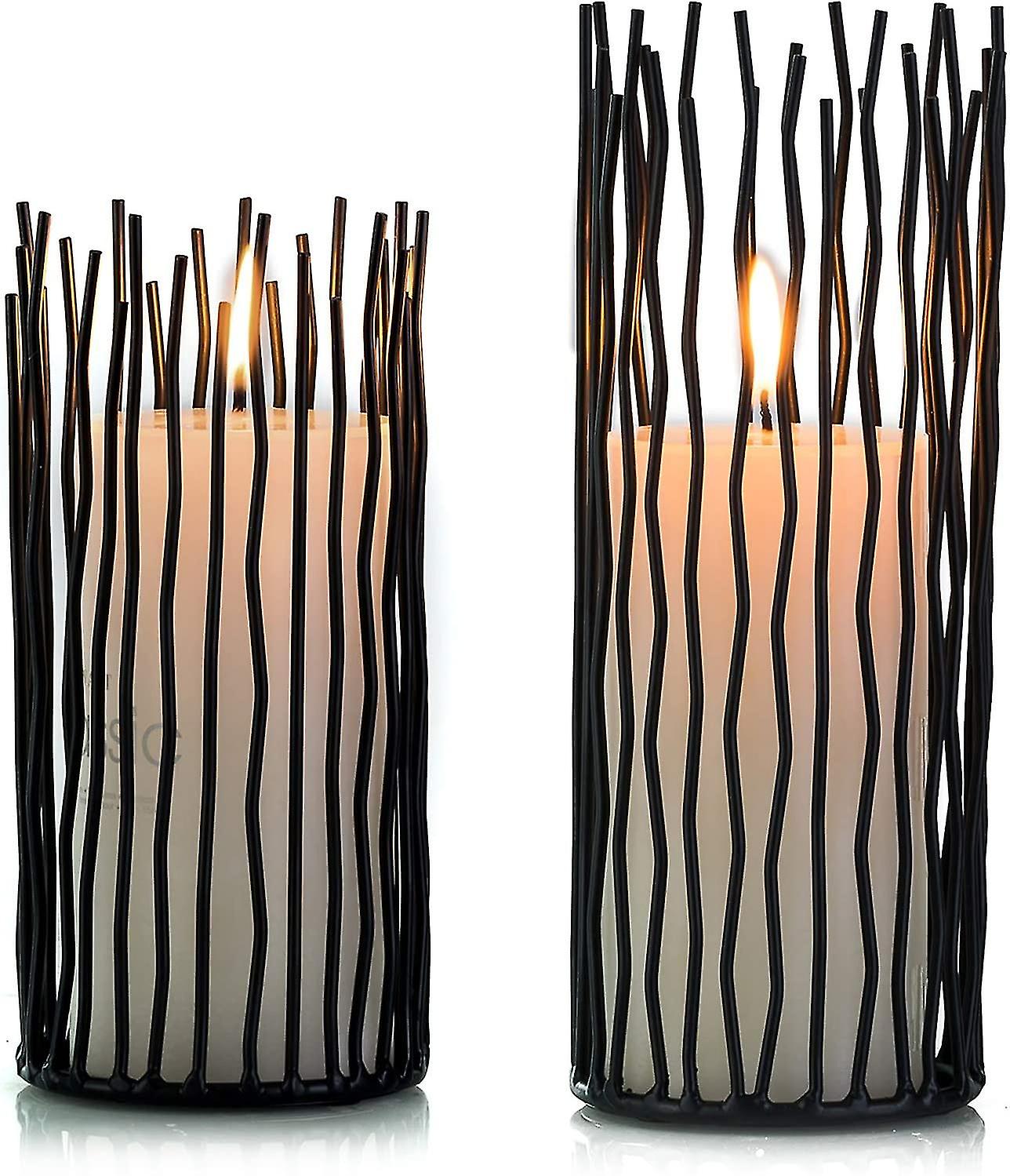 مجموعة من 2 حامل شمعة عمود معدني ، حاملات شموع طاولة سوداء إلكترونية عديمة اللهب ، علبة معدنية