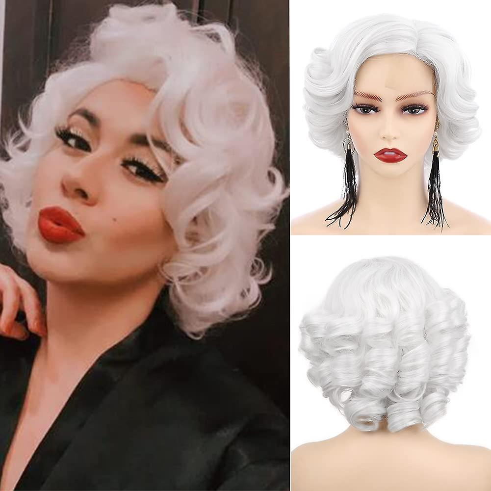 Short Big Curly Wavy Layered Wigs White Side Part Curly Bob Synthetic 10''