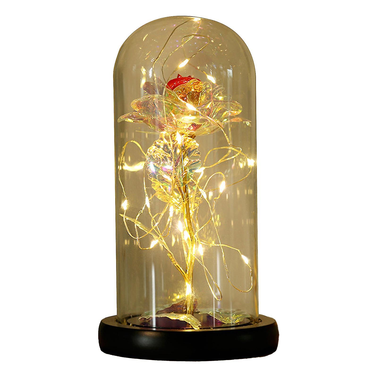 ロマンチックなLedガラスローズフラワーギフトプラスチックバレンタインデー人工バラオーナメントホームデコレーション